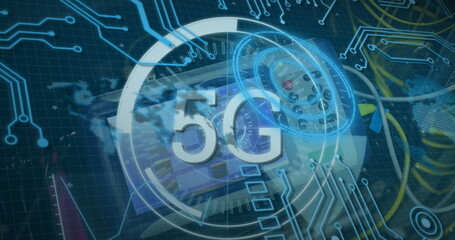 Poster - Hovering semi-transparent 5G logo above digital interface environment, with concentric HUD rings
