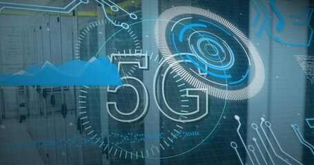 Poster - Displaying holographic 5G in data center with grid overlay, radar rings and circuit board traces