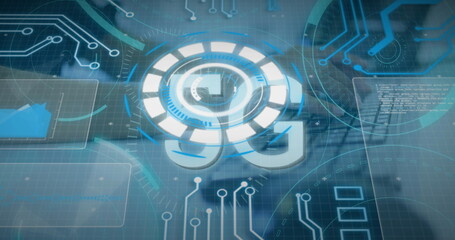 Poster - Glowing holographic 5G symbol hovering above grid with circuit traces, progress rings and UI panels