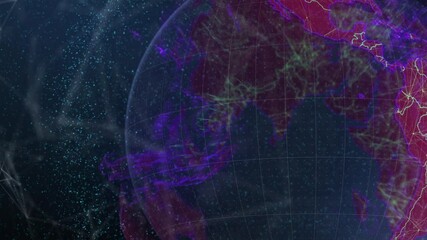 Poster - Beginning globe rotating in dark space, revealing neon red grids, pulsing purple green data streams