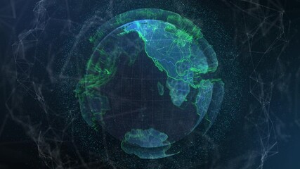 Poster - Appearing transparent digital globe rotating in digital void, with pulsing network bands