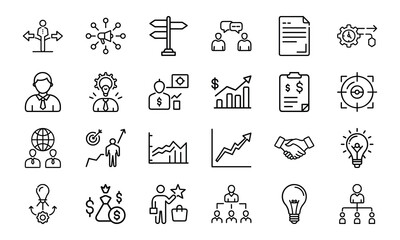 Poster - Business and management icon set depicting strategy development financial success and teamwork