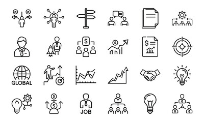 Poster - Set of business and finance icons depicting concepts such as strategy growth and teamwork in a linear style
