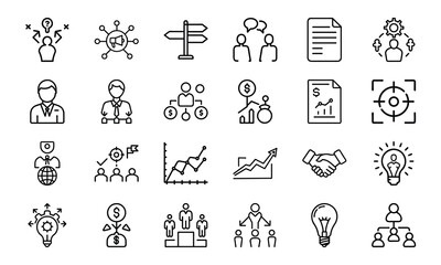 Poster - business and strategy icons vector set depicting goals teamwork finance and planning for corporate s