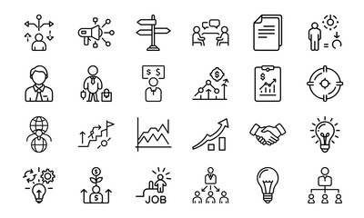 Poster - Business and management icon set outlining concepts of strategy planning and growth