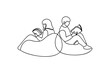 © Avijit - Couple relaxing in beanbag chairs reading books continuous line art