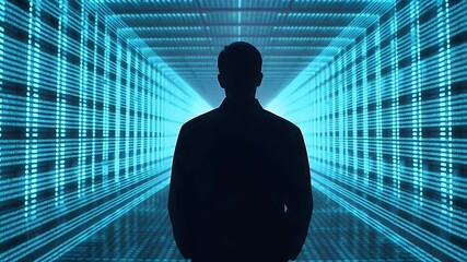 Poster - Pixelated Silhouette Standing in Digital Blue Corridor With Light And Geometric Structure