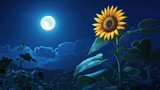 Night scene with a sunflower under a full moon