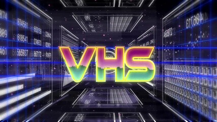 Poster - Scanning neon VHS letters with blue scan line filling gradient in cyber tunnel, drifting particles