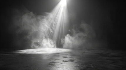 Poster - Clean black backdrop with soft gradient and central light beam illuminating misty atmosphere creates dramatic and mysterious scene. interplay of light and smoke evokes sense of intrigue and depth