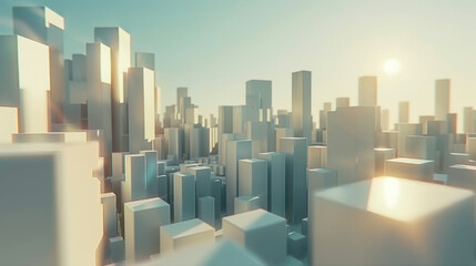 Poster - clean white geometric background with overlapping structures, showcasing futuristic cityscape under 