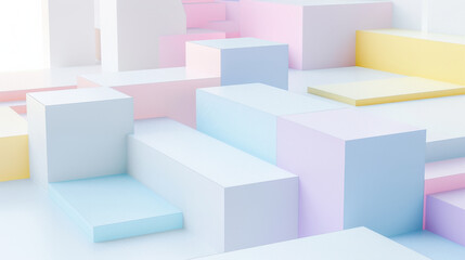 Poster - Abstract geometric shapes create vibrant and playful environment with pastel colors and cubic structures. composition evokes sense of creativity and modern design
