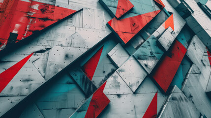 Poster - abstract geometric design featuring diagonal lines and color blocks in shades of red, blue, and gray