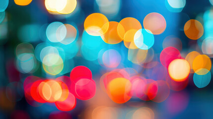 Poster - Dreamy haze and fog overlay with blended pastel lights create vibrant and colorful bokeh effect, evoking sense of wonder and tranquility in urban setting