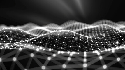 Poster - Abstract floating polygonal mesh in digital space, creating mesmerizing wave like structure with glowing points of light, evoking sense of depth and innovation