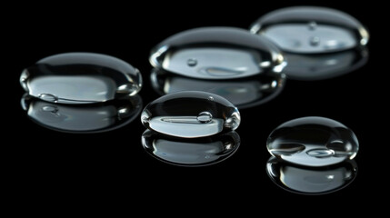 Poster - Translucent spheres of water on matte black surface create serene and reflective composition, showcasing beauty of simplicity and clarity
