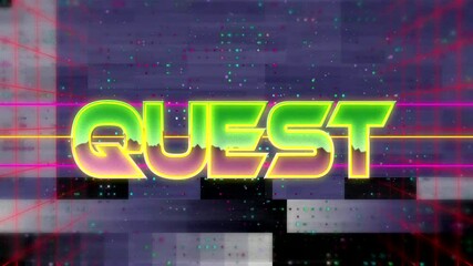 Poster - Animating glitch grid appearing and QUEST logo forming with magenta scan lines revealing title