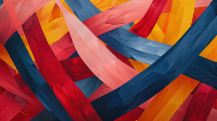 Poster - vibrant abstract design featuring intertwining ribbons in red, blue, yellow, and pink hues, creating