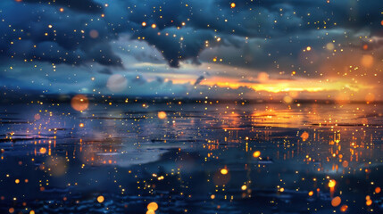 Poster - Serene landscape featuring tranquil body of water reflecting vibrant sunset, with dark clouds above and shimmering particles in air, creating magical atmosphere