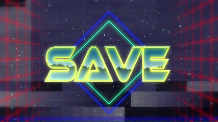 Poster - Glitching neon SAVE text forming inside red grid tunnel, drawing green blue diamond outline