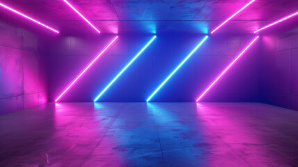 Poster - Vibrant interior space featuring diagonal neon lights in pink and blue hues, creating dynamic atmosphere. polished floor reflects colorful lights, enhancing modern aesthetic