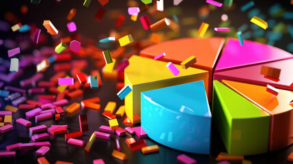 Poster - Colorful pie chart slices rotating in midair with vibrant confetti scattered around, creating lively and dynamic visual effect. This captures essence of celebration and data representation