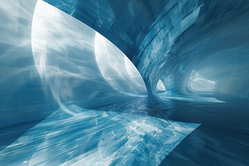 Fototapete - Abstract blue tunnel with light shining through openings in the structure
