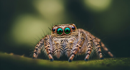 Close-up Shot of a Jumping Spider with Vibrant Green Eyes in Nature