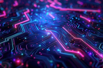 Poster - Circuit board with glowing pink and blue lines futuristic tech abstract background
