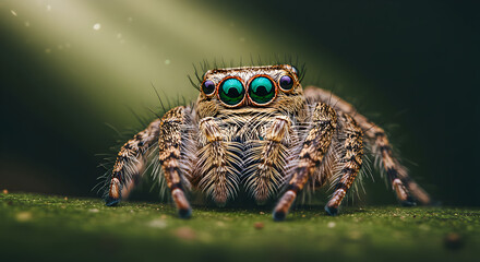 Close-up of a Cute Jumping Spider with Green Eyes on a Green Background