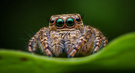 Macro Photography of a Jumping Spider with Emerald Green Eyes on a Leaf