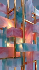 Poster - Abstract Pastel Glass Blocks Gold Frame Modern Art Background