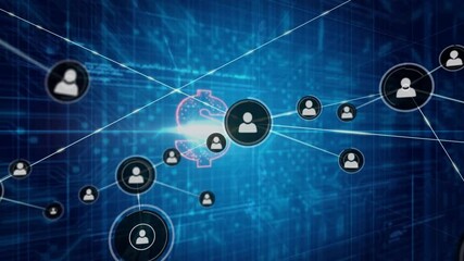 Poster - Pulsing light causing user nodes emerging and linking to neon dollar sign showing network growth