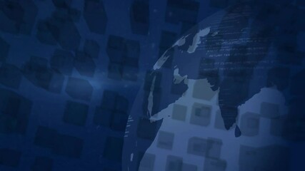 Poster - Grid filling initiating globe emerging rotating under beam with scrolling data for visualization