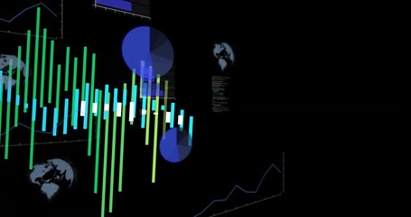 Poster - Bars emerging from lower-left initiating 3D data dashboard build, displaying charts, scrolling code