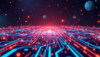 Poster - A glowing circuit board with red and blue lights, conveying a sense of data flow and digital innovation