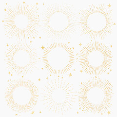 Poster - A collection of golden sunburst vector illustrations with stars on a white background.