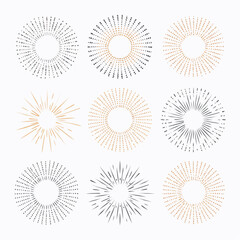 Poster - Diverse collection of vector sunburst designs with radial lines and dotted patterns on white background