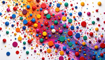 Poster - A vibrant burst of colorful polka dots, spreading out across a spectrum of hues. The image is full of energy and artistic expression, offering a dynamic and visually engaging composition.