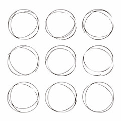 Poster - Nine hand drawn scribble circles in different styles, isolated on white background