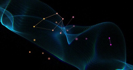 Poster - After pause mesh undulating, data nodes appearing, lines connecting nodes showing network growth