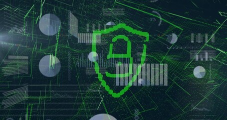 Poster - Upon appearing neon green shield centering on cybersecurity interface glyph flipping pulsing