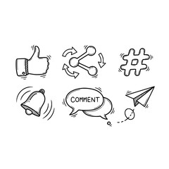 Poster - Social media engagement icons like comment share notification send hashtag and thumbs up for marketing
