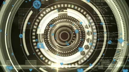 Poster - On startup metallic rings and gears pulsing rotating as blue icons orbiting visualizing data flow