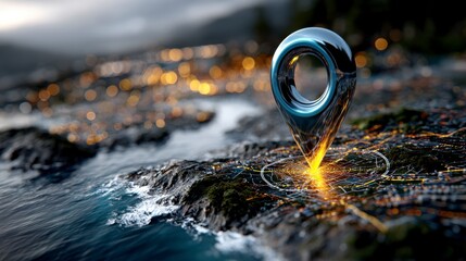 Poster - 3D GPS Location Pin on Illuminated City Map