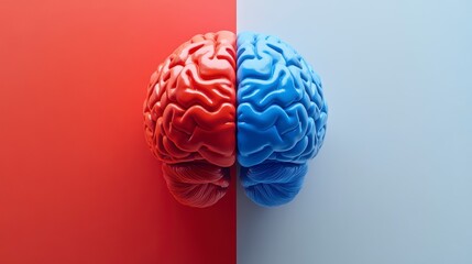 Poster - Red and blue brain hemispheres on contrasting backgrounds.
