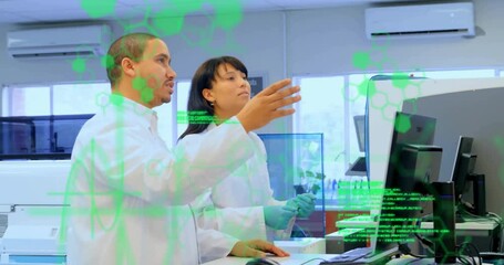 Poster - Two scientists pressing key and activating molecular graphics while analyzing lab assay results