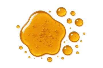 Poster - Golden honey puddle showing bubbling surface, falling droplets against transparent backdrop, ideal for culinary design and beverage imagery