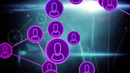 Poster - Teal-blue glow initiating purple nodes drifting and linking with magenta lines visualizing network