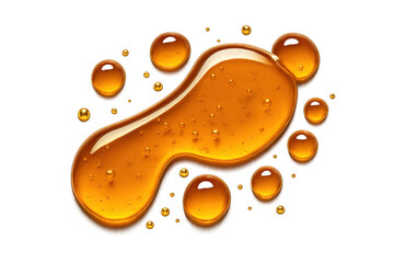 Poster - Golden honey dripping, creating glossy puddle with realistic bubbles on transparent surface, ideal for culinary product marketing